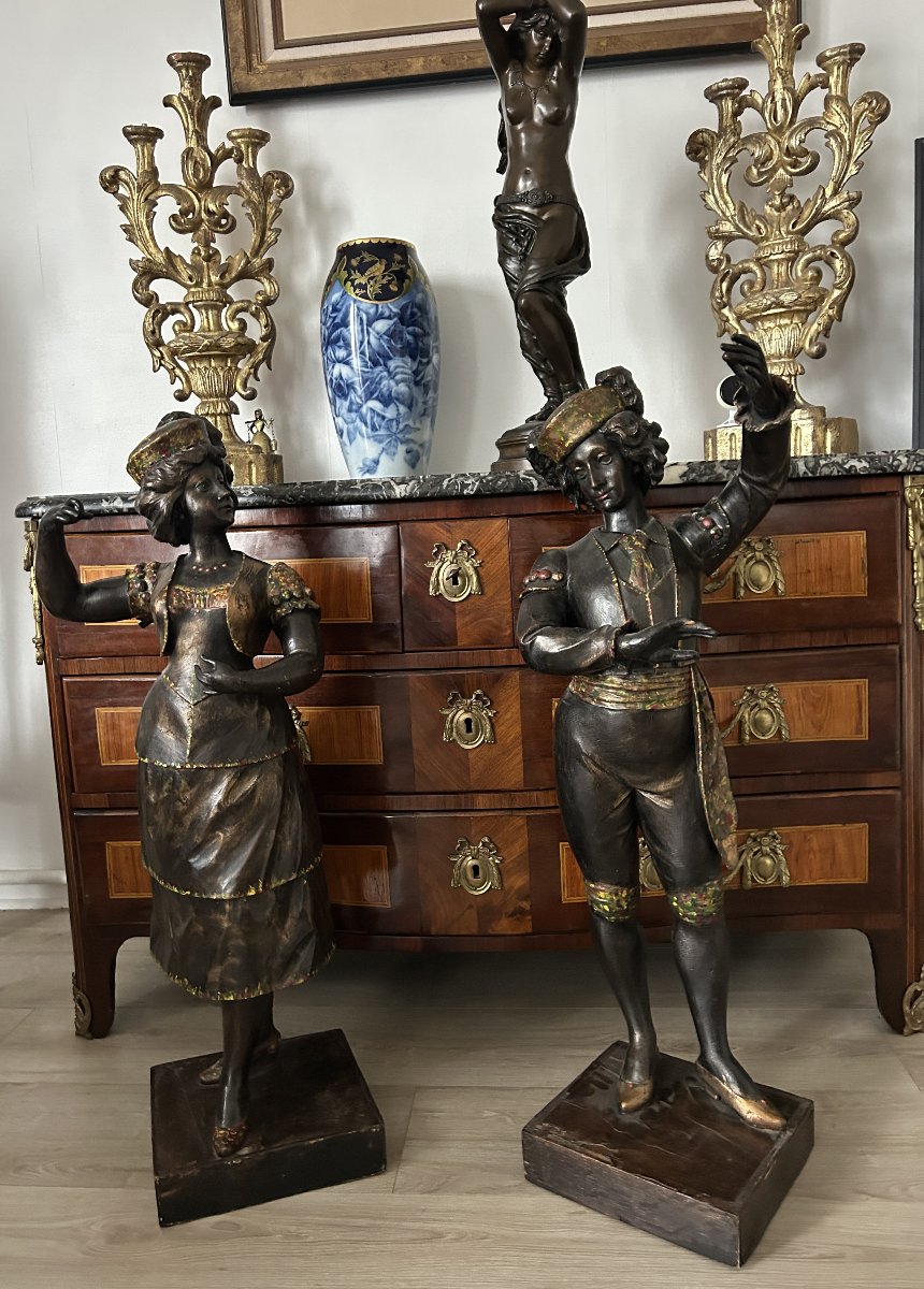 A Pair Of Italian Dancers Carved From Wood And Painted In Multiple Colors