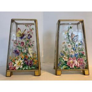 Pair Of Enameled Vases With Butterflies