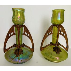 Pair Of Loetz Vases In Iridescent Glass And Art Nouveau Bronze 1900 