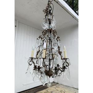 Lustre cage bronze et cristal à six feux
