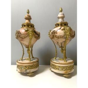 Pair Of Bronze And Marble Covered Casseroles Or Pots