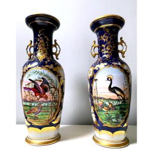Pair Of Paris Porcelain Vases With Bird And Flower Bouquet Decor 