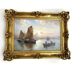 Gaston Corbier huile sur toile " marine scène de pêche "