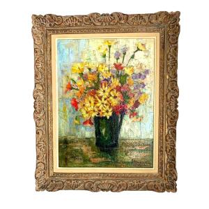 Oil On Canvas By Denis Brunaud "bouquet Of Flowers"