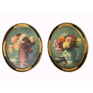 Paire d'aquarelles " dahlias et œillets "