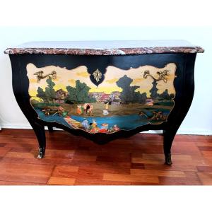 Commode style louis XV  pyrogravée et peinte de scènes d'Orient