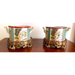 Pair Of Porcelain And Bronze Planters
