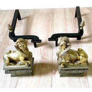 Pair Of Bronze Andirons With Sphinxes