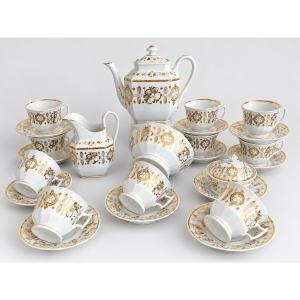 Service à café ou à thé 10 personnes en porcelaine blanche et or époque Empire