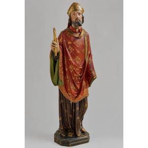 18th-century Polychrome Carved Wooden Sculpture Of Saint Nicholas