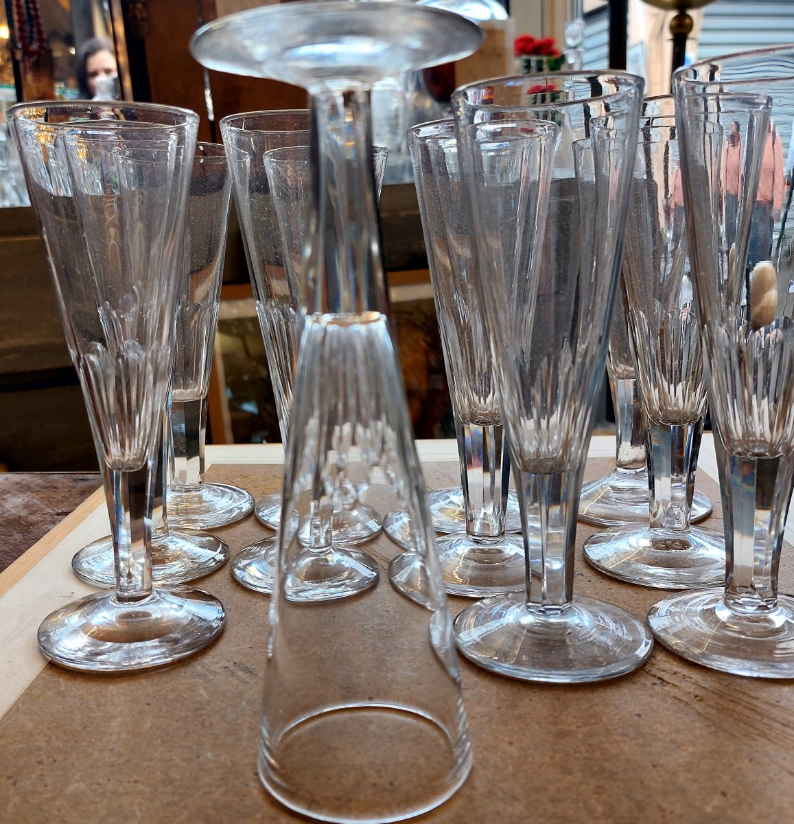 12 Thick Crystal Champagne Flutes, 19th Century-photo-2