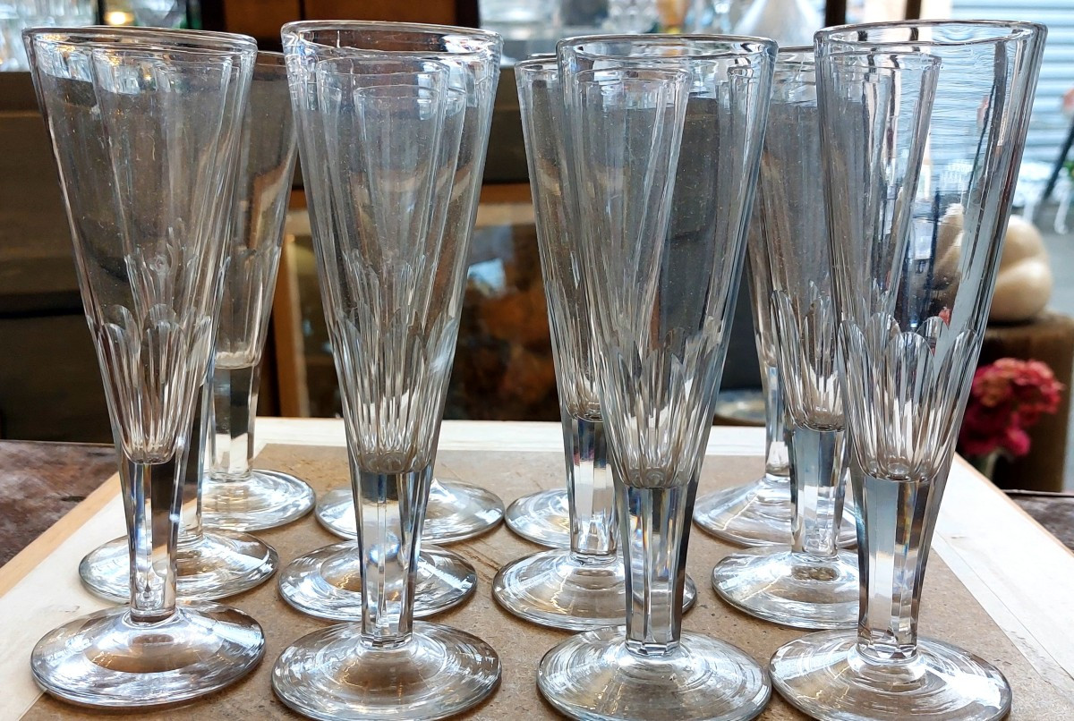 12 Thick Crystal Champagne Flutes, 19th Century