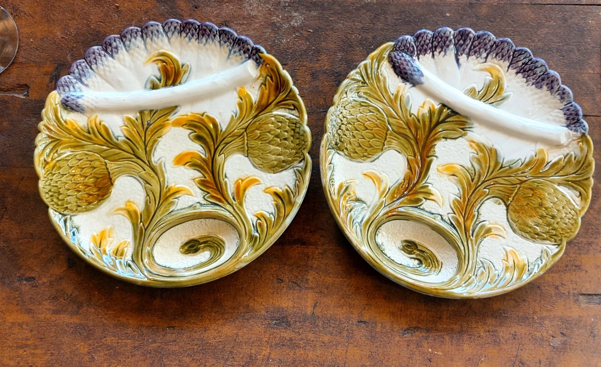 2 assiettes asperge/artichaud   barbotine XIXéme