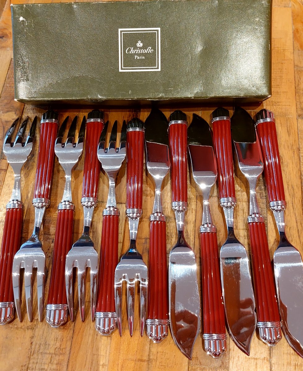 6 Christofle Aria Bordeaux Steel Fish Cutlery Sets-photo-2