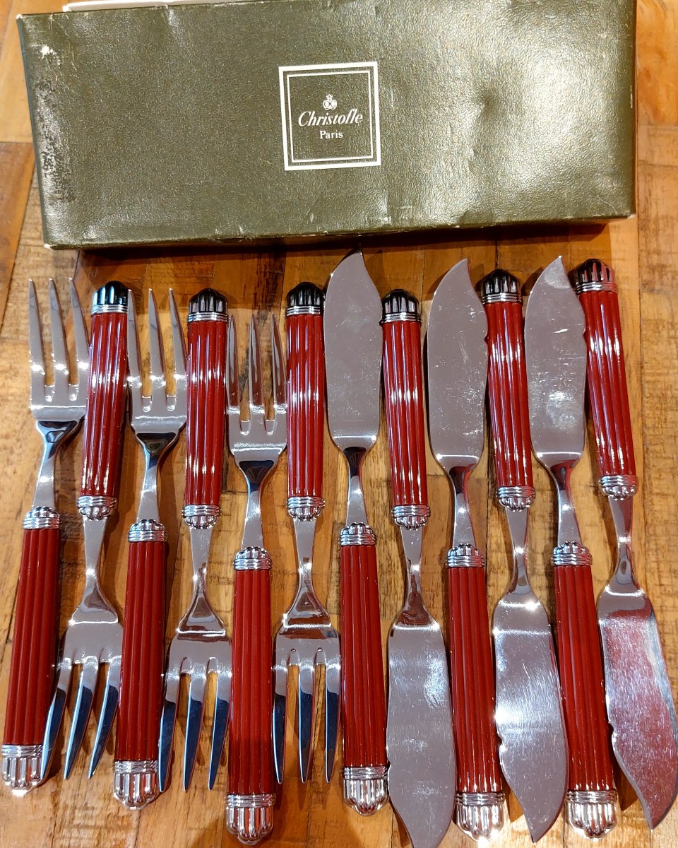 6 Christofle Aria Bordeaux Steel Fish Cutlery Sets