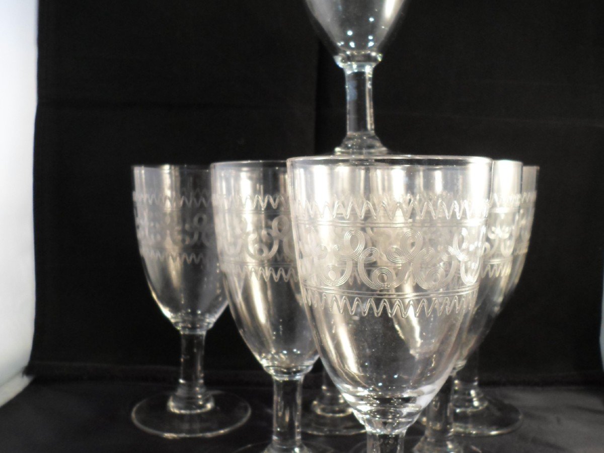 7 Engraved Water Glasses Early Twentieth