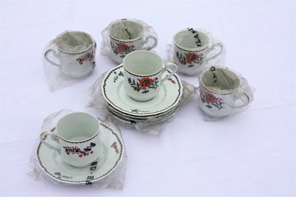 Set Of 6 Haviland Limoges Porcelain Coffee Cups, A La Grenade Pattern-photo-2