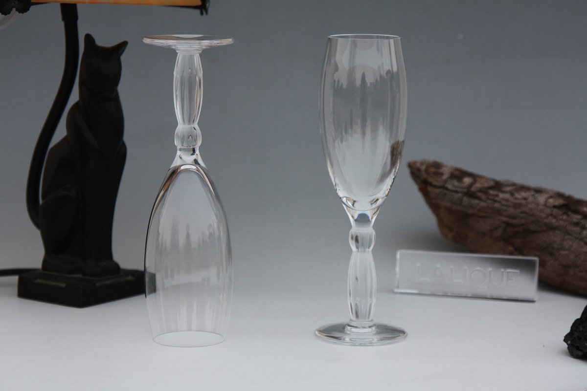 Set Of 2 Lalique Crystal Champagne Flutes, Louqsor Model-photo-2
