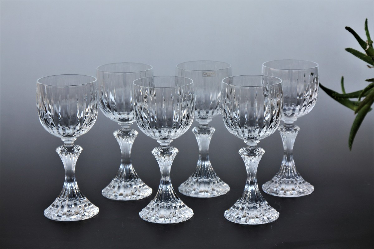 Set Of 6 Saint-louis Crystal Bordeaux Wine Glasses, Fontainebleau Pattern