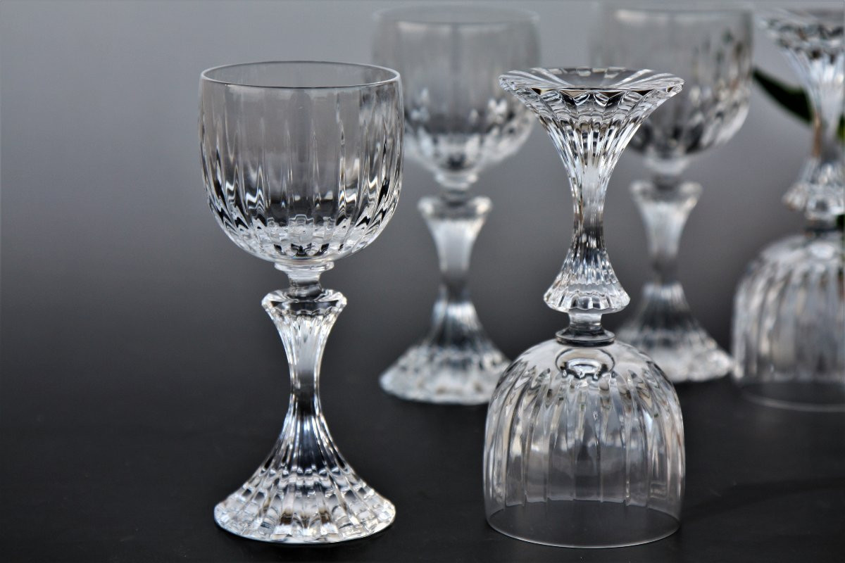 Set Of 6 Saint Louis Crystal Burgundy Wine Glasses, Fontainebleau Model-photo-3