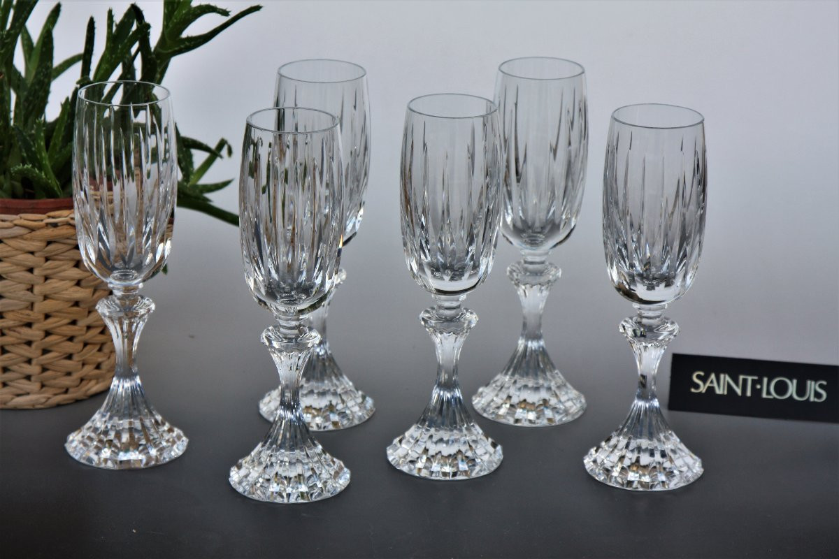 Set Of 6 Saint Louis Crystal Champagne Flutes, Fontainebleau Pattern-photo-1