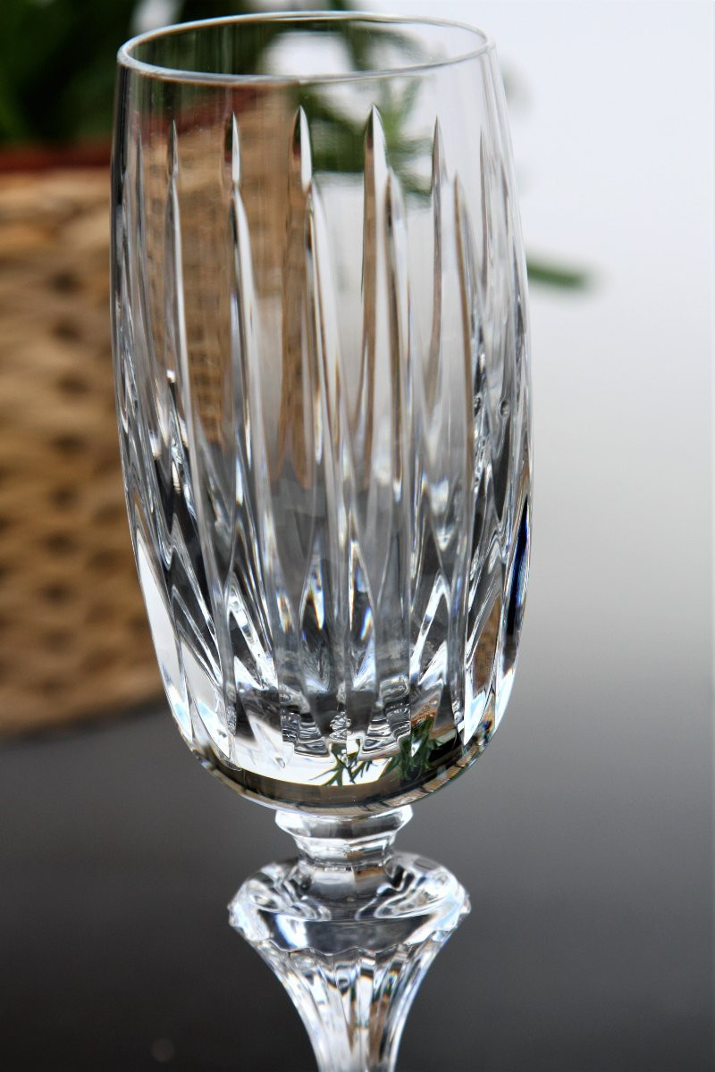 Set Of 6 Saint Louis Crystal Champagne Flutes, Fontainebleau Pattern-photo-3