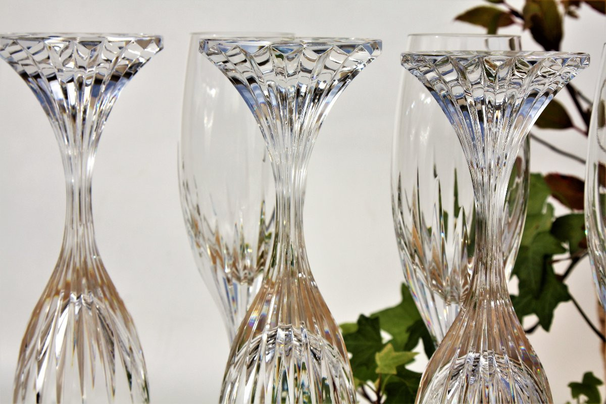 Set Of 6 Baccarat Crystal Champagne Flutes, Massena Model-photo-4