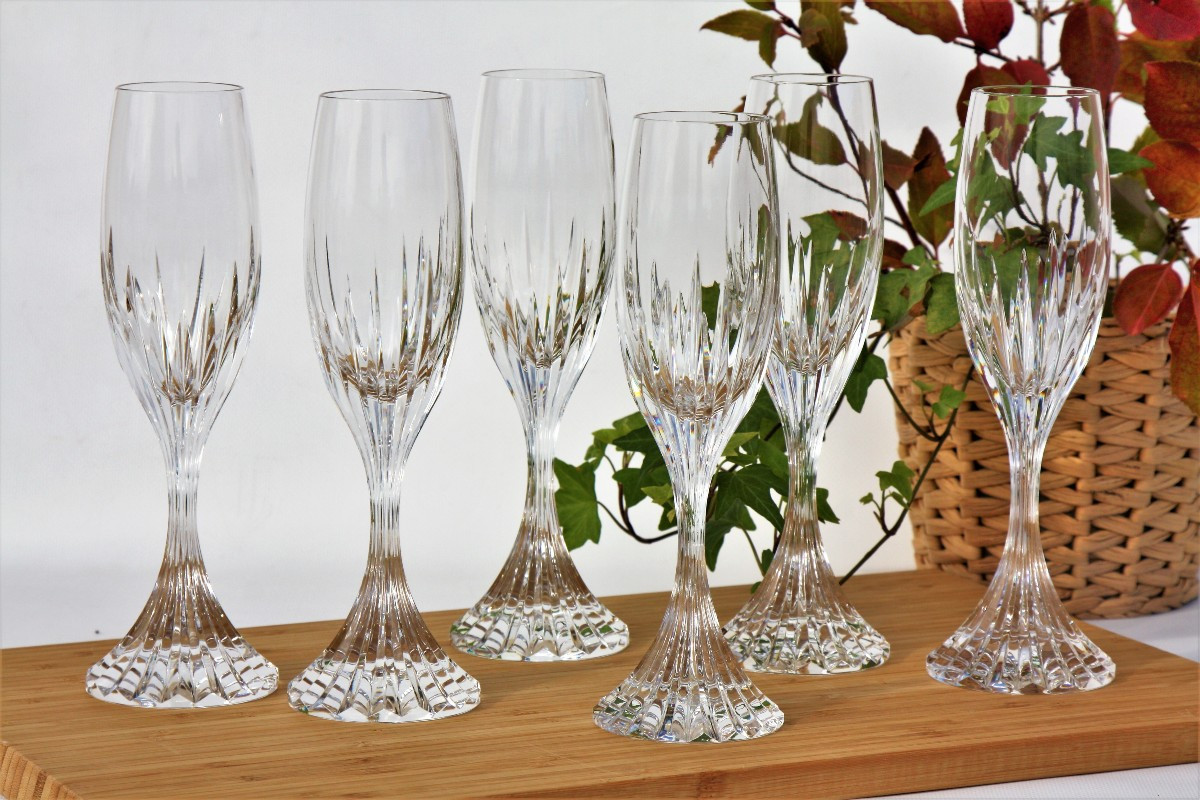 Set Of 6 Baccarat Crystal Champagne Flutes, Massena Model