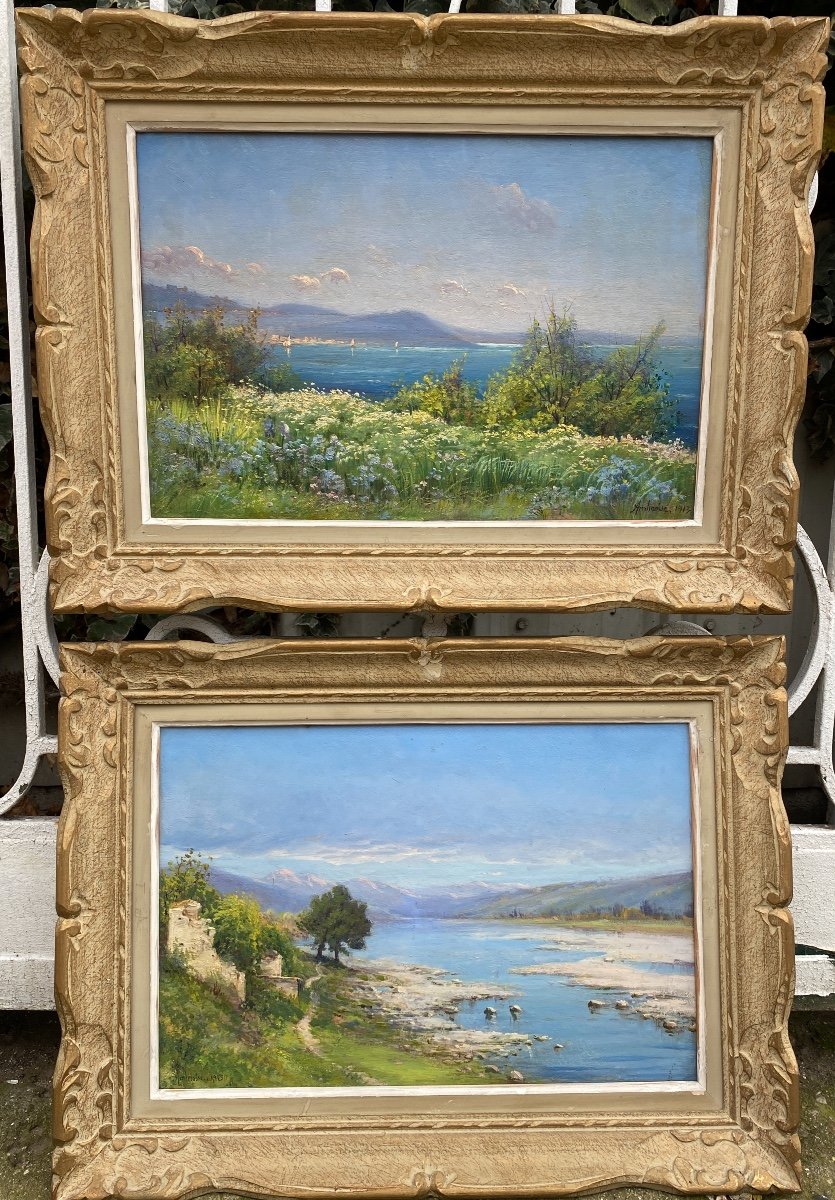 Paire De Tableaux, Paysages de Saint Laurent du Var, sud de la France , Signés  Jules François Achille Ambroise 1913