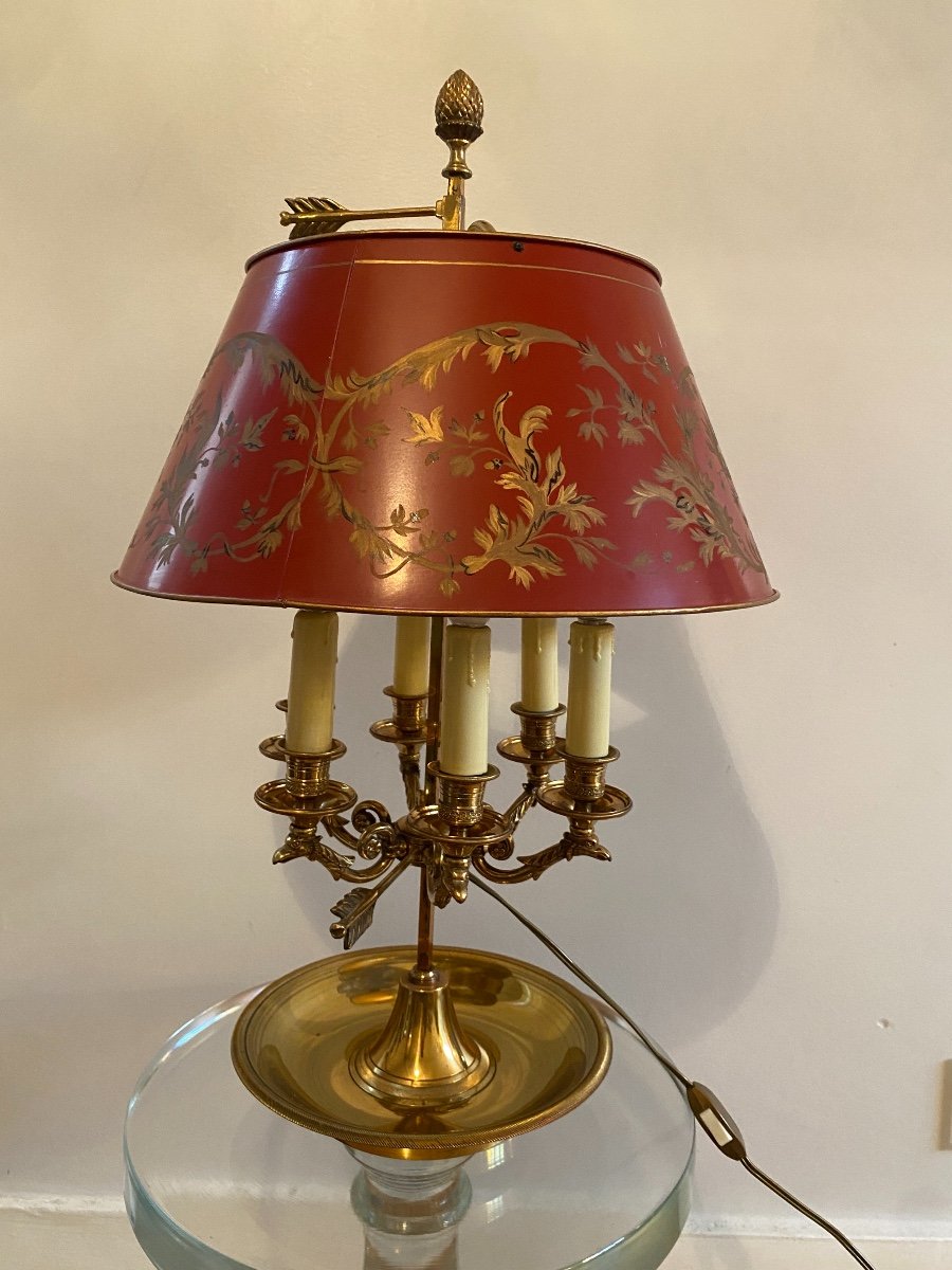 Lampe Bouillotte En Bronze A 6 Lumières, Abat-jour Tôle Rouge -photo-1