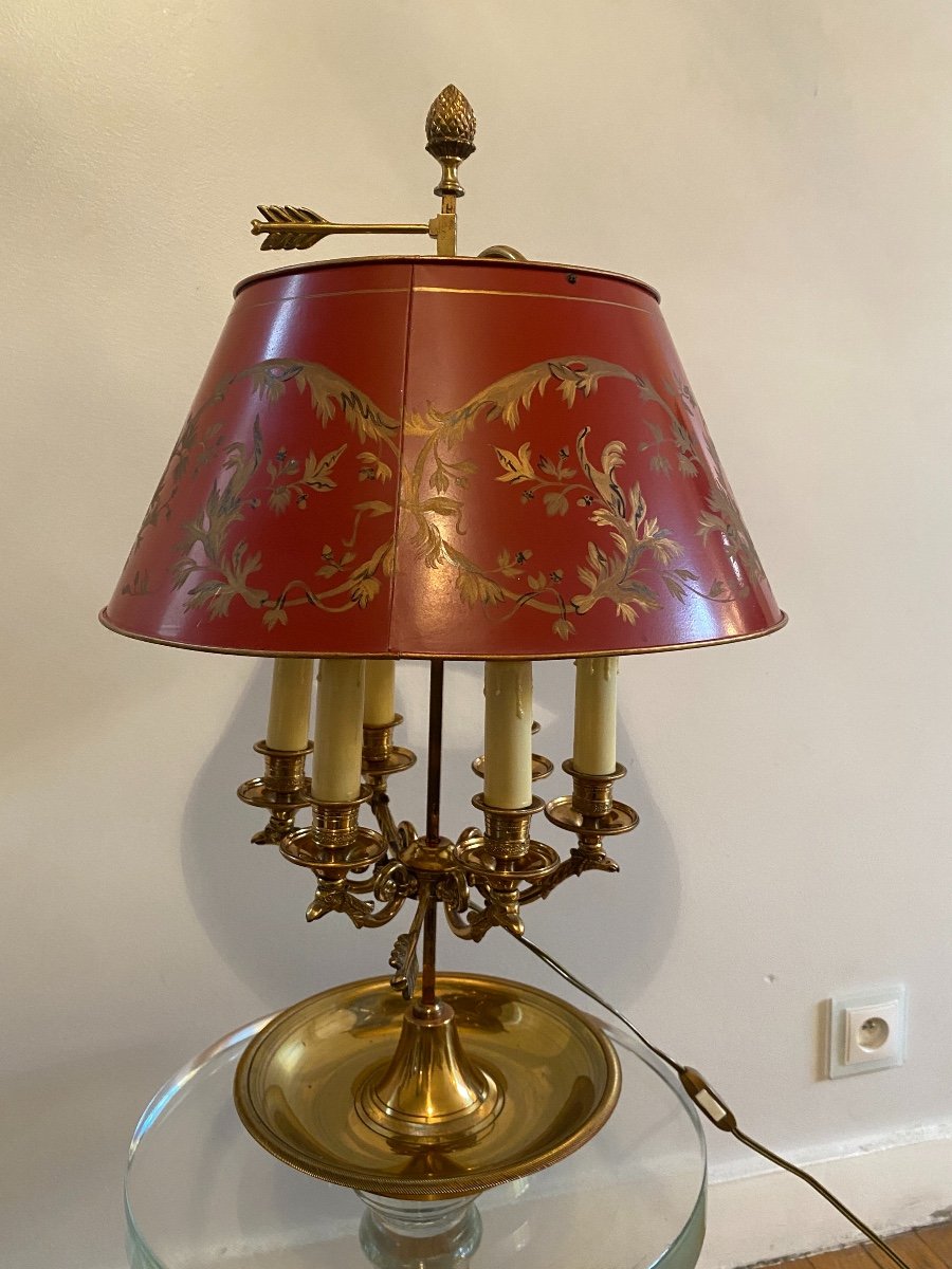 Lampe Bouillotte En Bronze A 6 Lumières, Abat-jour Tôle Rouge -photo-2