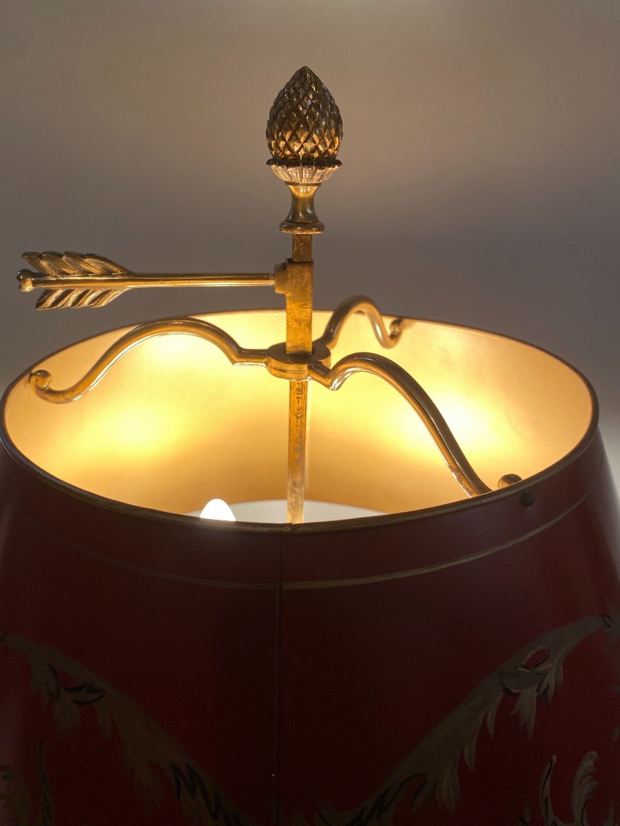 Lampe Bouillotte En Bronze A 6 Lumières, Abat-jour Tôle Rouge -photo-4