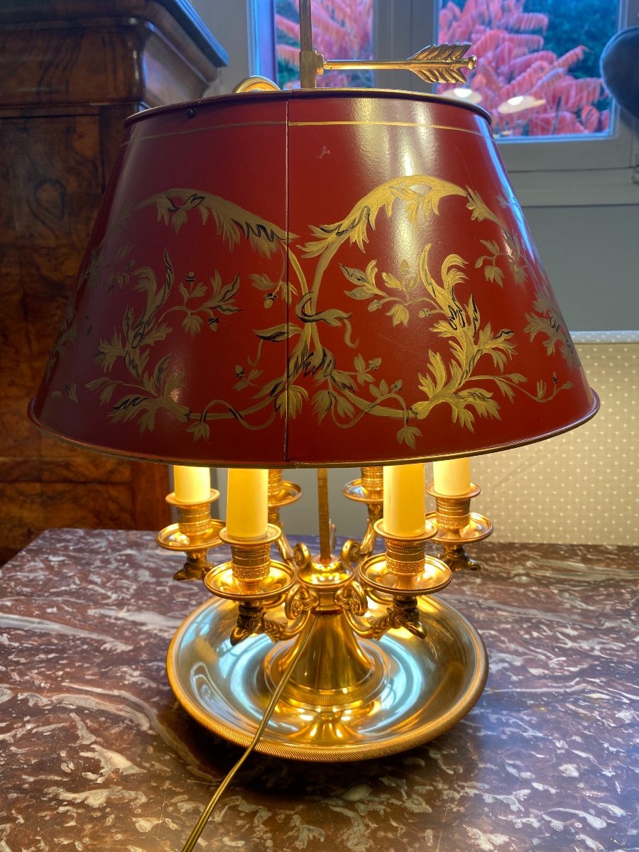 Lampe Bouillotte En Bronze A 6 Lumières, Abat-jour Tôle Rouge 