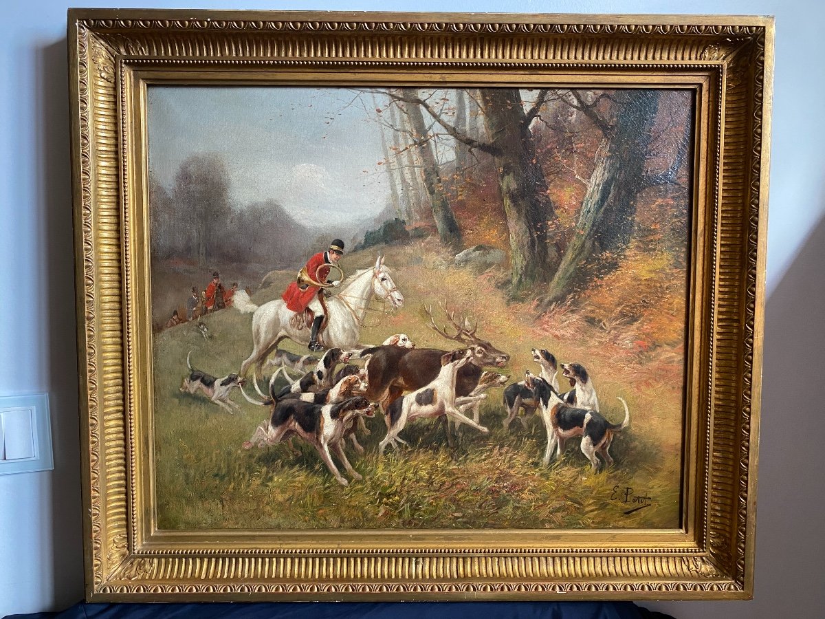 Tableau De Chasse cour XIXème, Huile Sur Toile Signée Eugène Petit (1838-1886)-photo-1