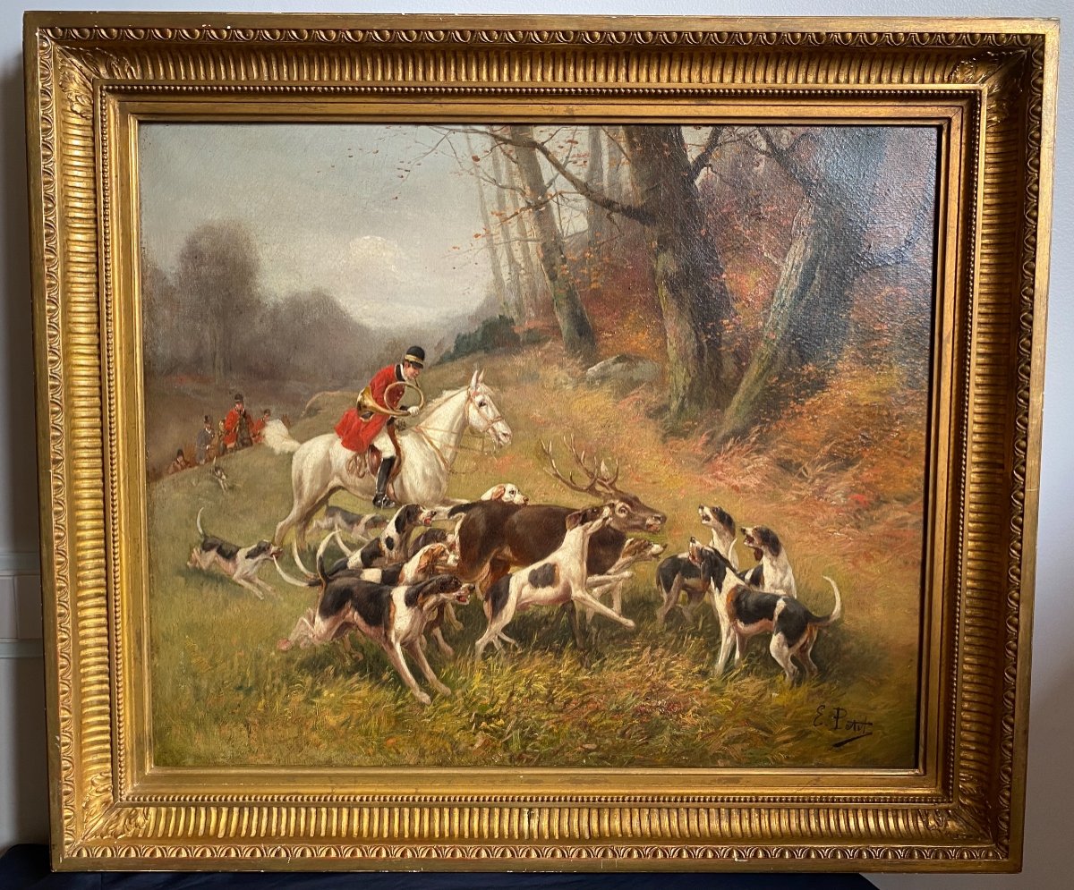 Tableau De Chasse cour XIXème, Huile Sur Toile Signée Eugène Petit (1838-1886)