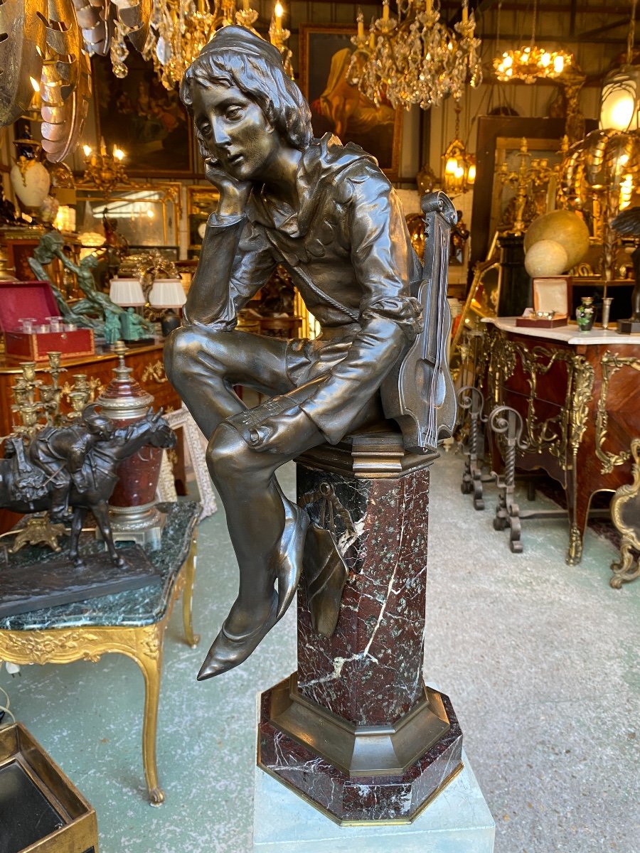 Sculpture En Bronze Sur Socle En Marbre XIXème, Le Musicien -photo-1
