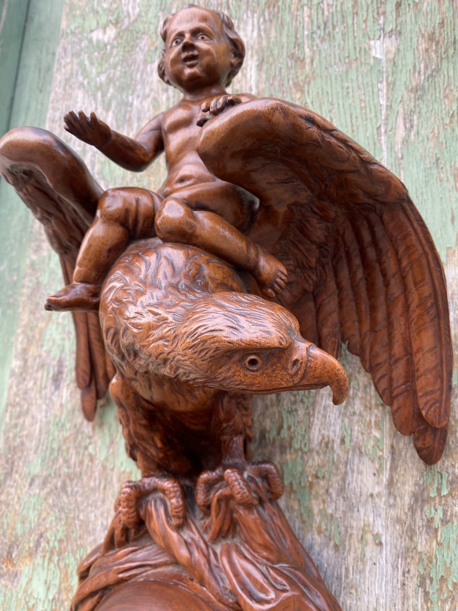 Cartel En Bois Sculpté XIXème à Décor D’un Putti Et D’un Aigle, Brienz Suisse -photo-2