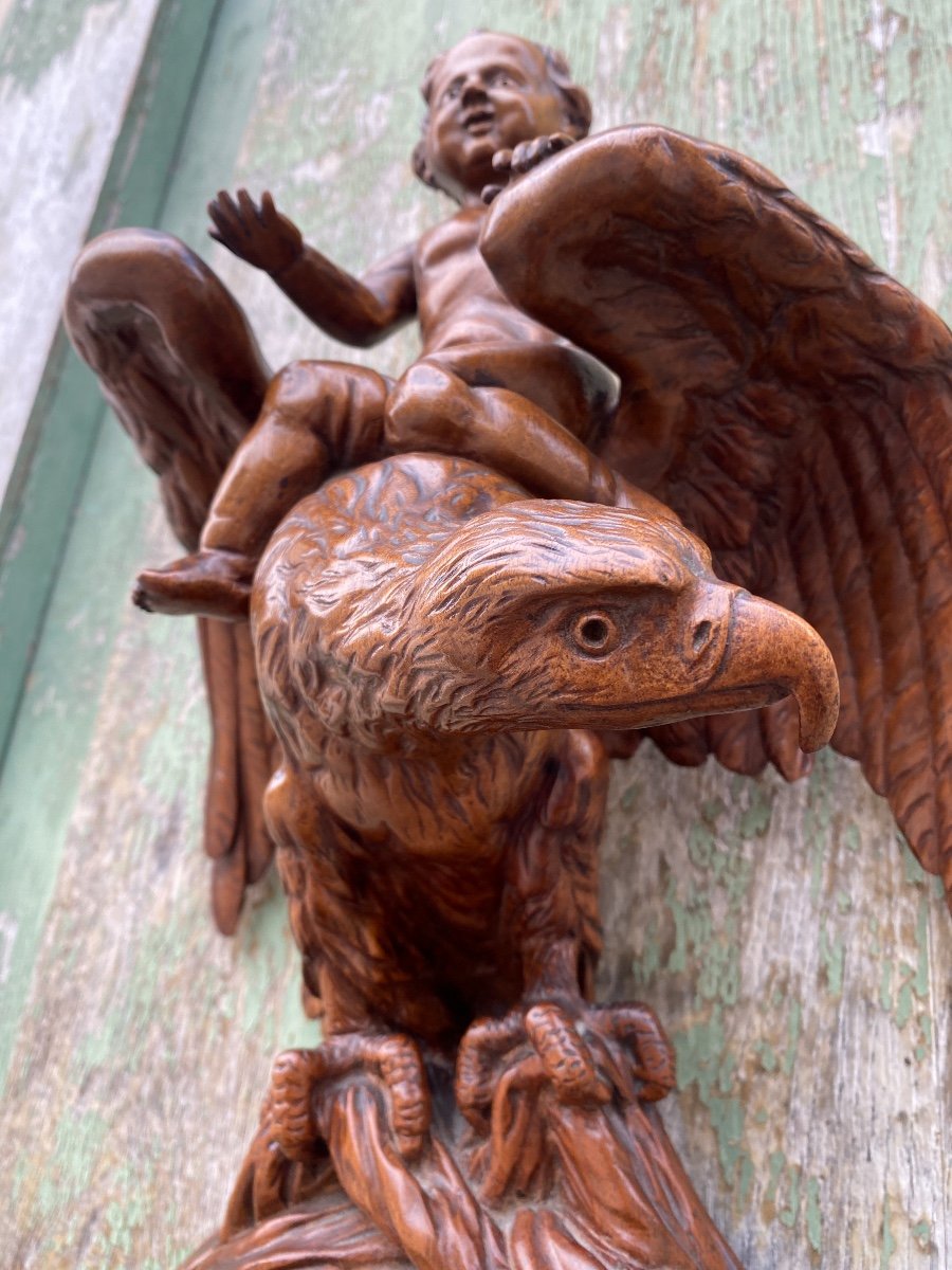 Cartel En Bois Sculpté XIXème à Décor D’un Putti Et D’un Aigle, Brienz Suisse -photo-2