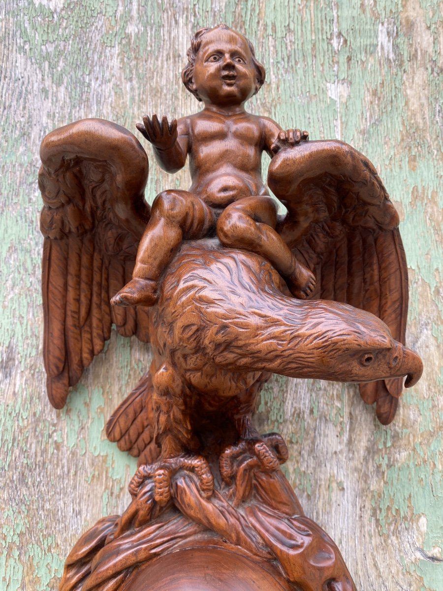 Cartel En Bois Sculpté XIXème à Décor D’un Putti Et D’un Aigle, Brienz Suisse -photo-3