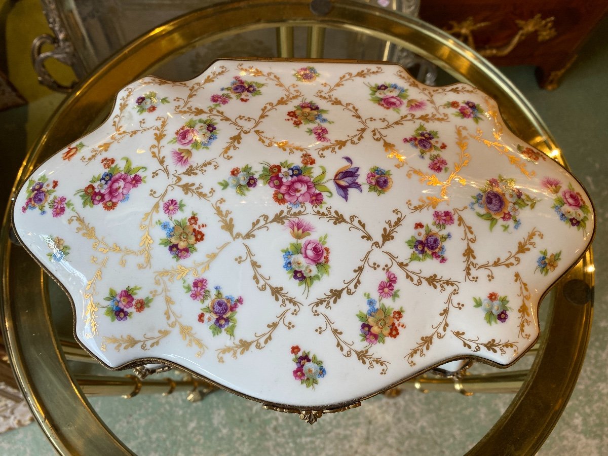 Large Limoges Porcelain Box, Brass Frame, 20th Century-photo-1