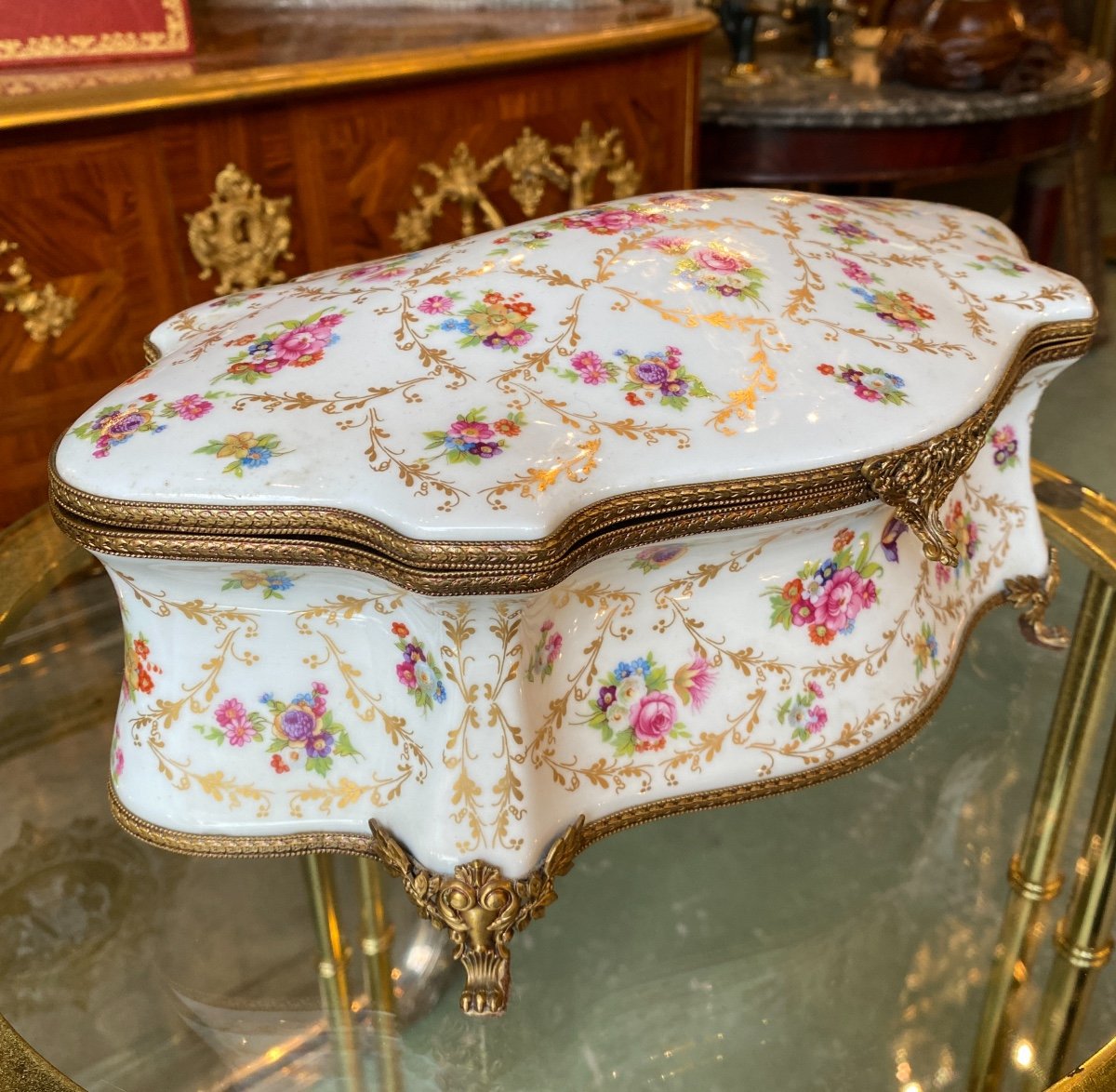 Large Limoges Porcelain Box, Brass Frame, 20th Century