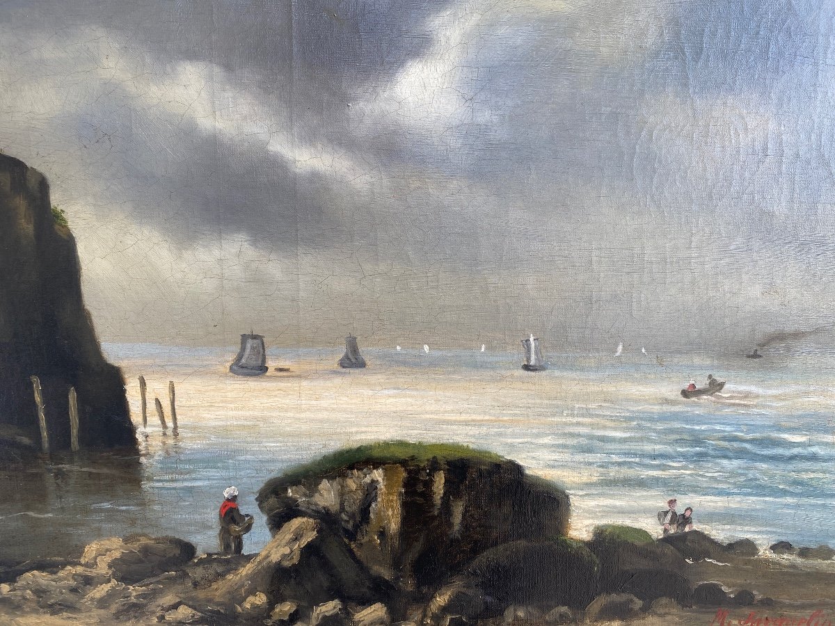 Huile Sur Toile Signée, Paysage Marin Fin XIXème, Cadre Barbizon -photo-3