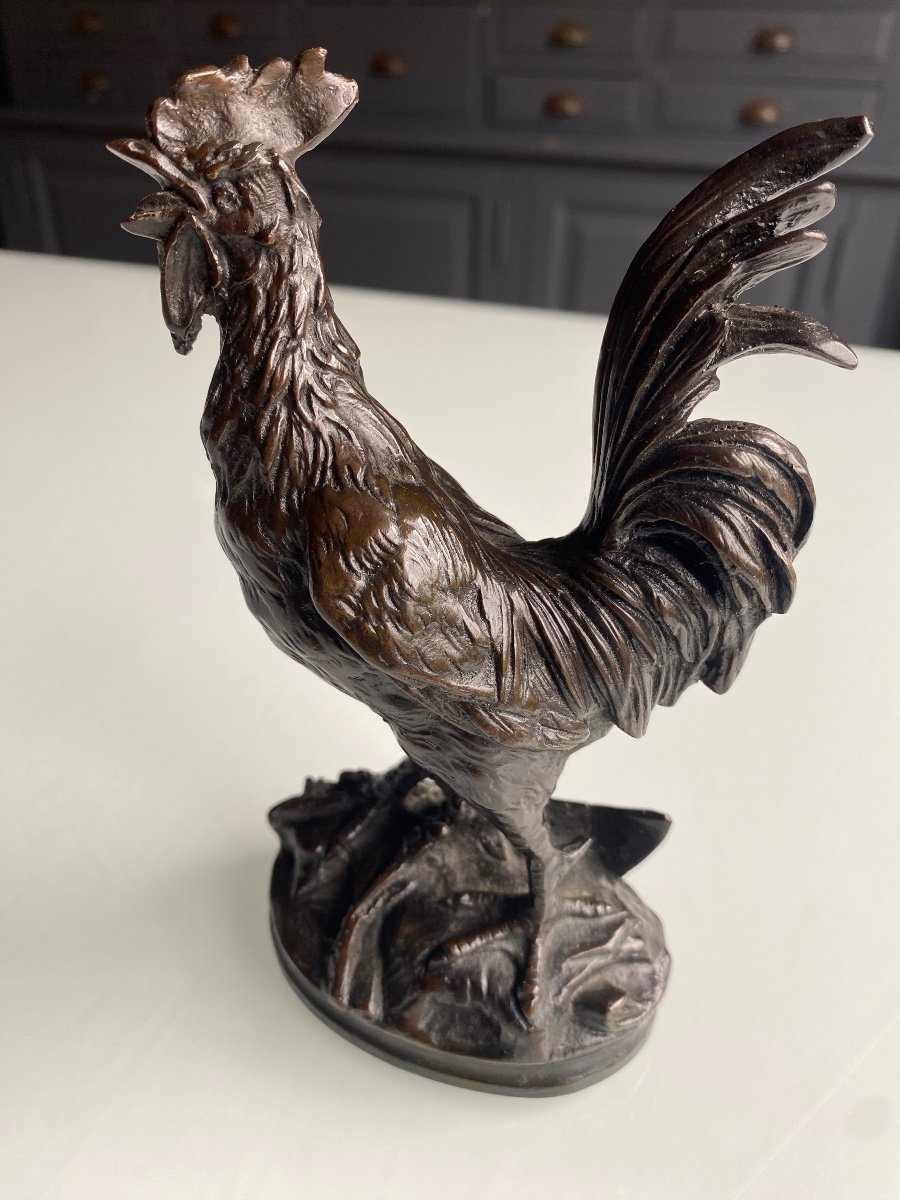 Coq En Bronze A Patine Brune XIXème Signé édouard Drouot (1859-1945)-photo-2