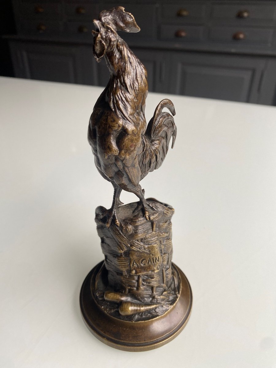 XIXth Bronze Rooster Forming A Match Holder Signed Auguste Nicolas Caïn (1821-1894)-photo-2