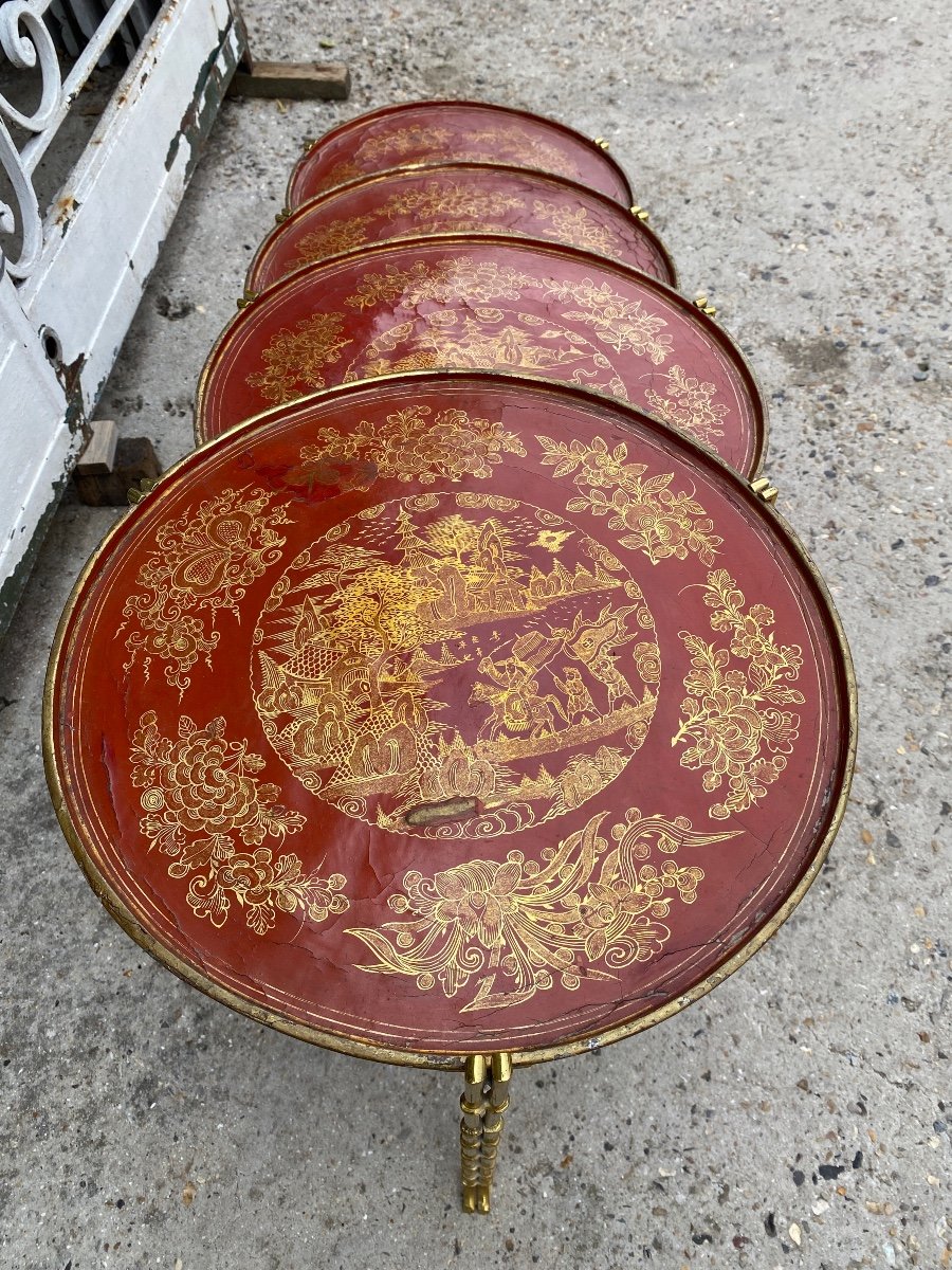 Brass Nesting Tables With Bamboo Decor, Red Lacquer Top In The Style Of Maison Baguès-photo-3