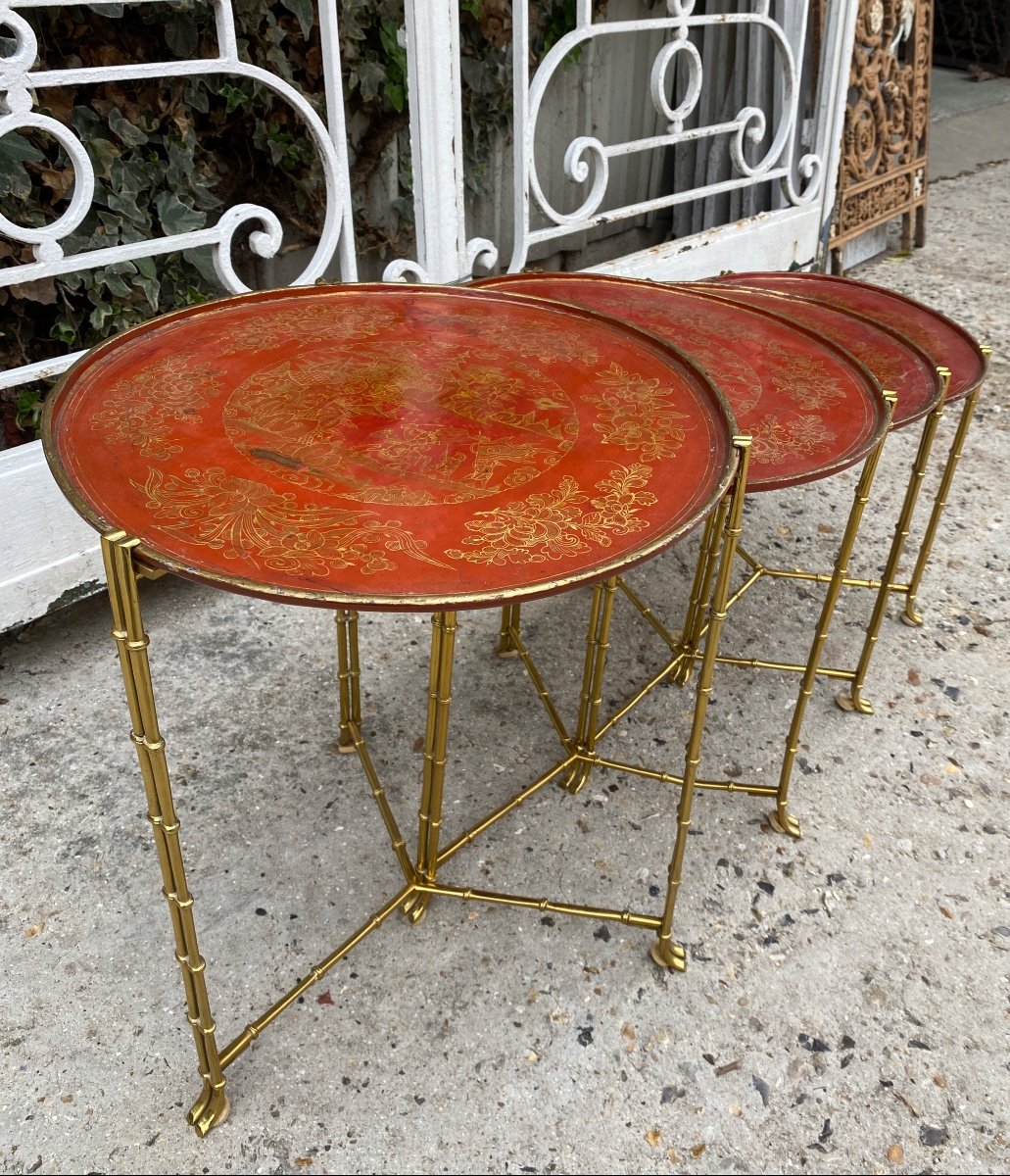 Brass Nesting Tables With Bamboo Decor, Red Lacquer Top In The Style Of Maison Baguès-photo-4