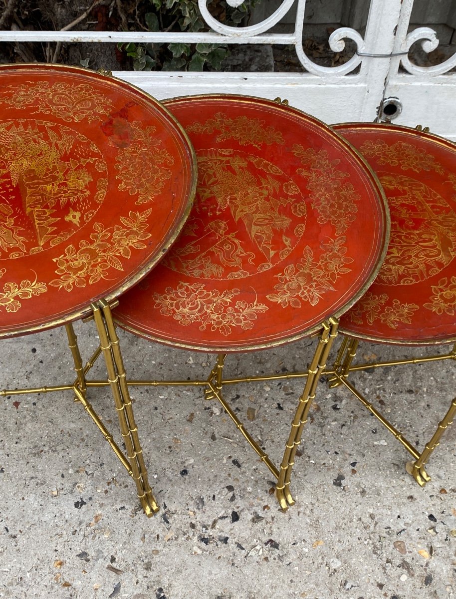 Brass Nesting Tables With Bamboo Decor, Red Lacquer Top In The Style Of Maison Baguès-photo-4