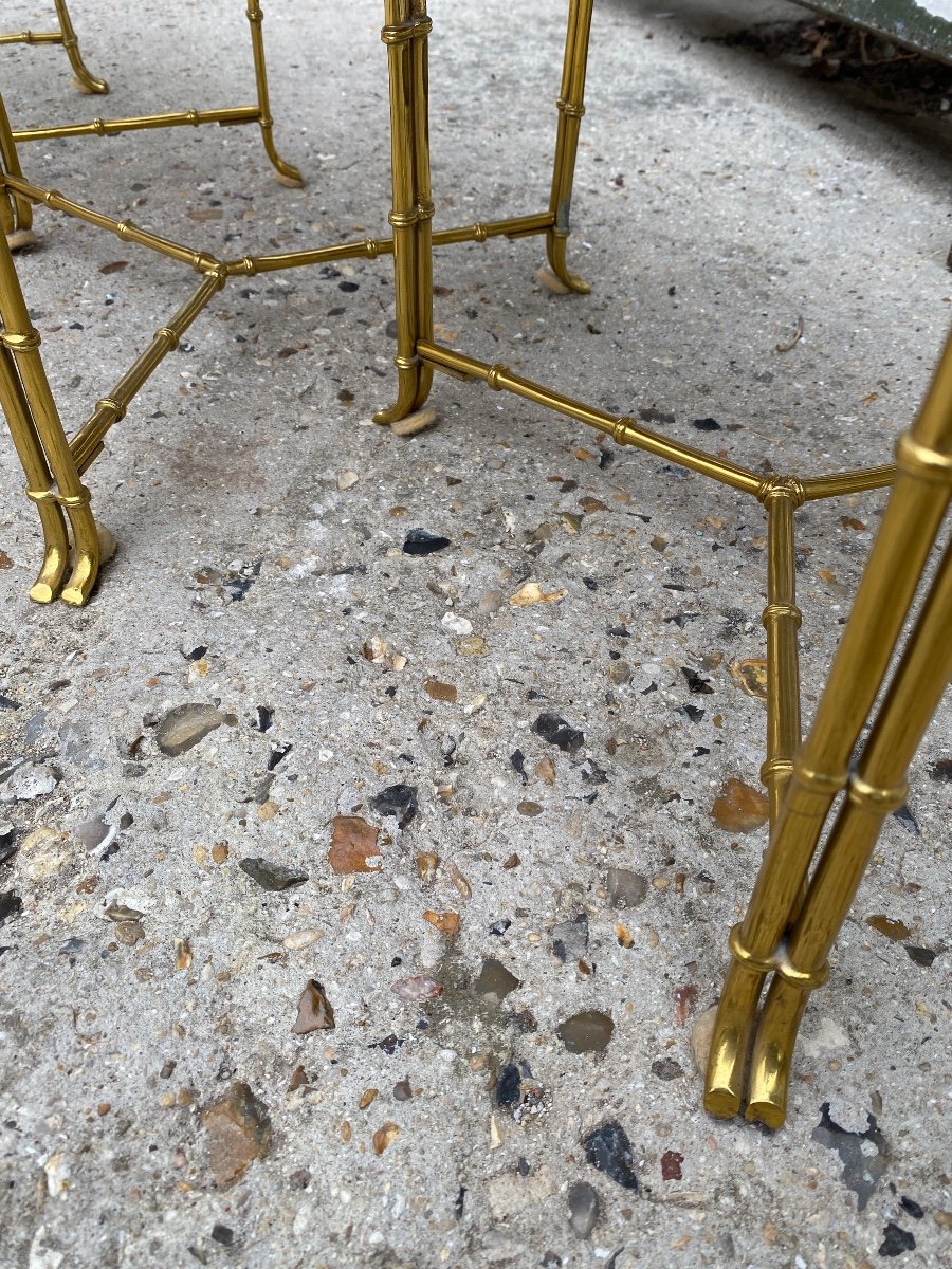 Brass Nesting Tables With Bamboo Decor, Red Lacquer Top In The Style Of Maison Baguès-photo-7