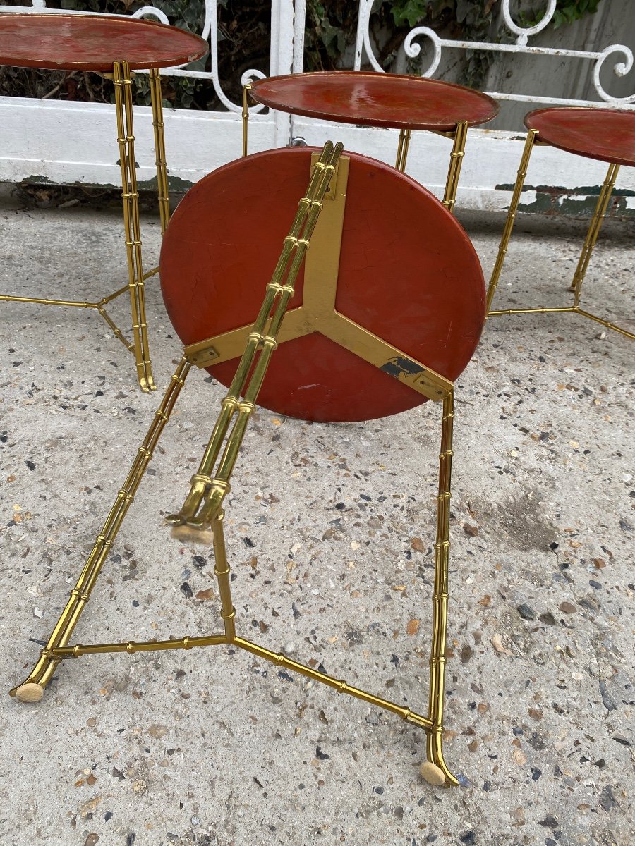 Brass Nesting Tables With Bamboo Decor, Red Lacquer Top In The Style Of Maison Baguès-photo-8