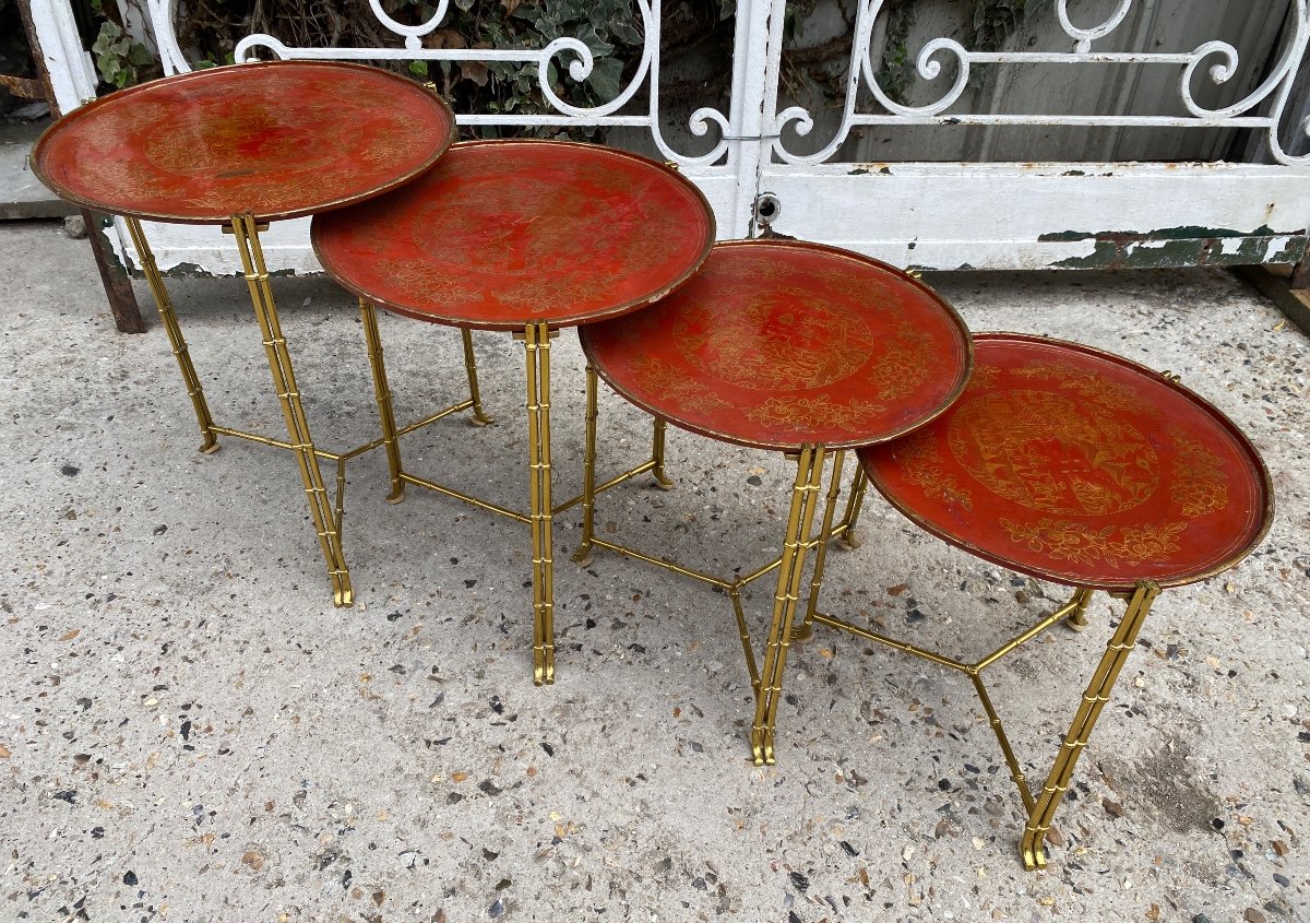Brass Nesting Tables With Bamboo Decor, Red Lacquer Top In The Style Of Maison Baguès